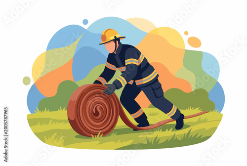 Firefighter Rolling Fire Hose Reel Vector Illustration