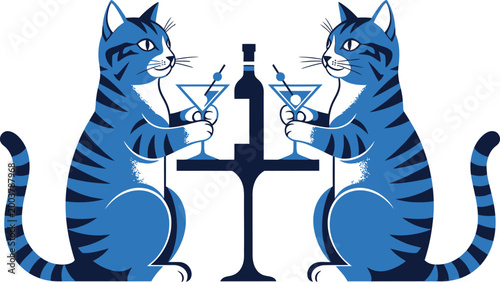 Blue cats silhouette at a table with wine glasses and a bottle