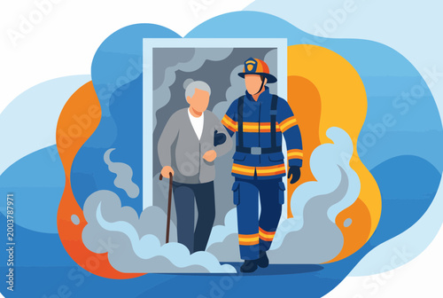 Firefighter Rescuing Elderly Man from Smoke during Emergency