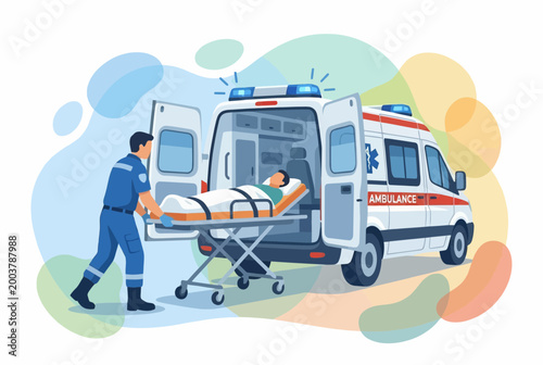 Paramedic Loading Patient on Stretcher into Emergency Ambulance