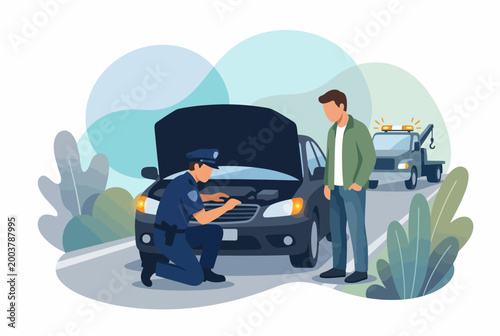 Police Officer Helping Driver With Broken Car on Roadside