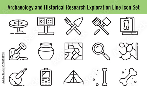 A diverse line icon set showcasing tools and concepts for archaeology and historical research, depicting exploration, excavation, and scientific discovery in ancient studies.