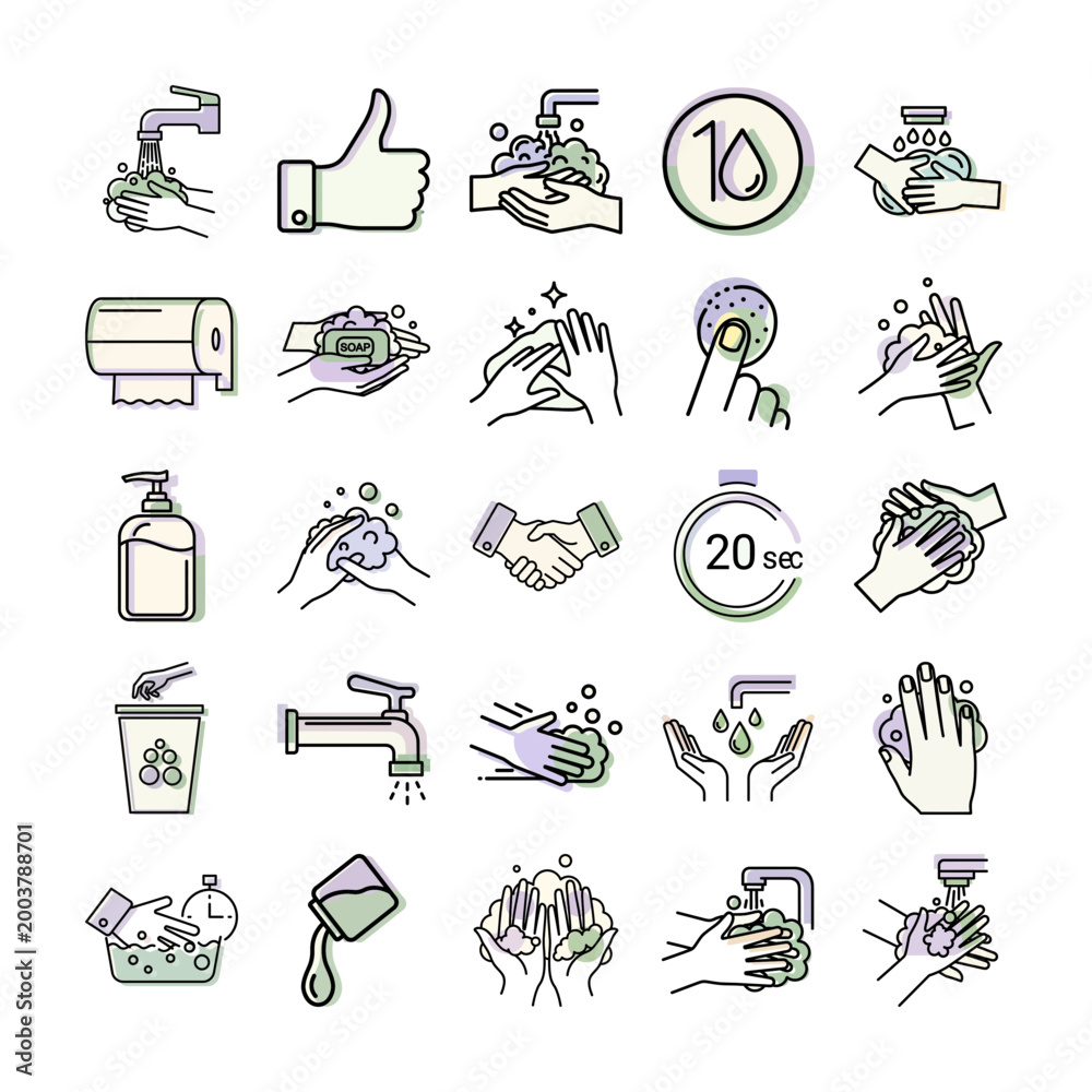 Fototapeta premium Hand Washing Icon Set Tutorial or Step-by-Step Hand Hygiene Guide