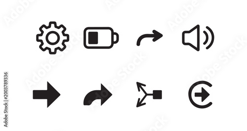 System utility interface icons including gear battery share volume and navigation arrows.