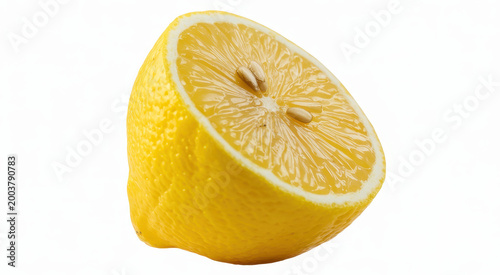 One half of a fresh yellow lemon showing pulp and seeds isolated on a plain white background view