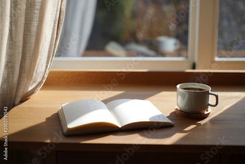 Open book with cup of coffee on wooden desk during sunny morning