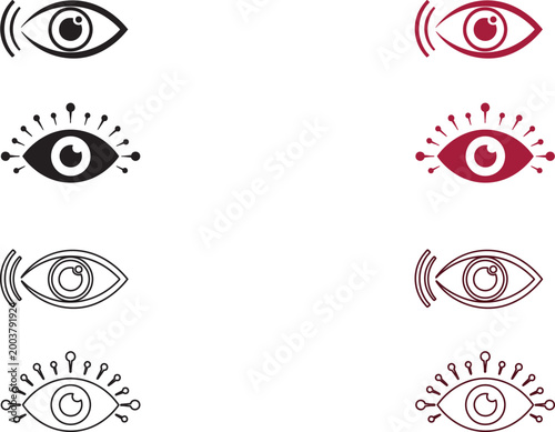 Various stylized eye in black, red, and brown on white background