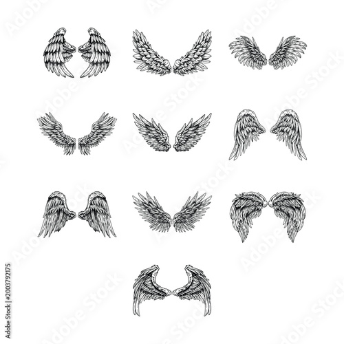 Hand Drawn Vintage Angel Wings Illustration Set