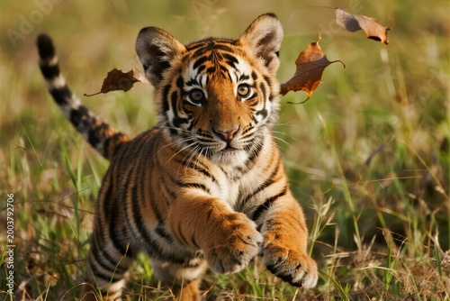 A young tiger cub runs through a grassy field with autumn leaves swirling around it.