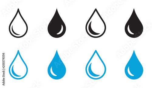 Water droplet symbol icon collection featuring outline filled and color variations representing clean water hydration rainfall freshness liquid flow and environmental natural resource concept design.