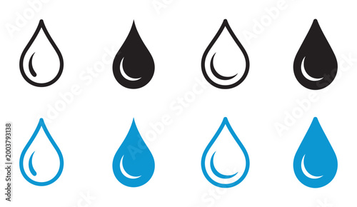 Obraz na plátně Water droplet symbol icon collection featuring outline filled and color variations representing clean water hydration rainfall freshness liquid flow and environmental natural resource concept design