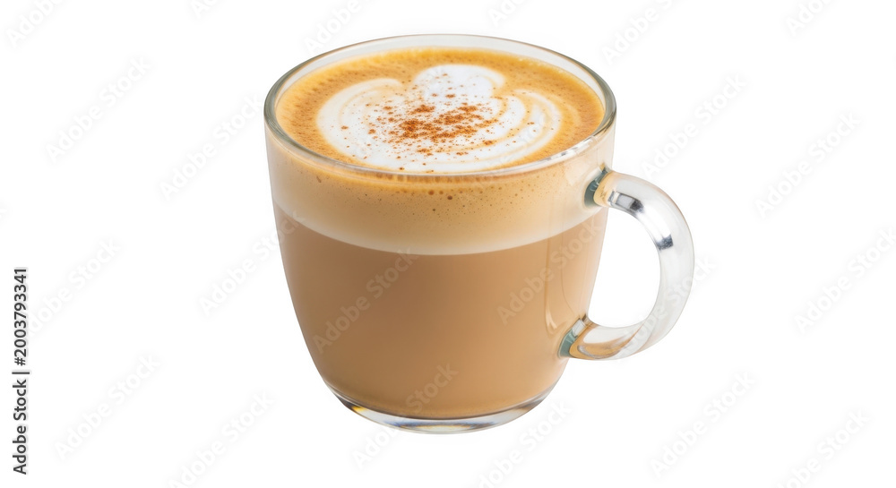 Obraz premium Frothy cappuccino coffee with cinnamon dusting in a clear glass isolated on transparent background