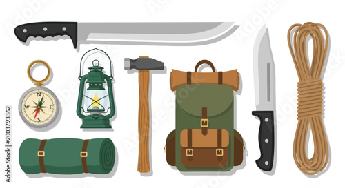 Bild auf Leinwand Camping and Survival Gear Collection: Backpack, Knives, Lantern, Compass, Mat