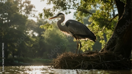 Great blue heron standing on a nest by a river in a forested area during daylight
