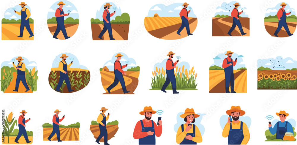 Fototapeta premium Group of farmers using smartphones for precision agriculture monitoring in cultivated fields set