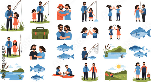Fishing icons set featuring father and daughter with rods plus various types of aquatic fishes