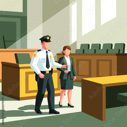 A police officer escorts a woman in a business suit inside a courtroom setting
