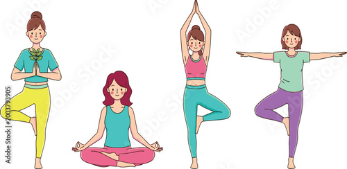 Women Yoga Poses Cartoon Vector Set with Tree Pose, Meditation, Balance, Stretching Exercises, and Healthy Lifestyle Activities for Fitness and Wellness Design.