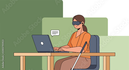 A blind person sits at a desk typing on a laptop with assistive equipment on