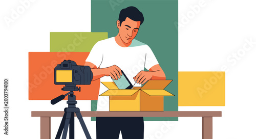 A man in a white t-shirt records an unboxing video with a camera on a tripod