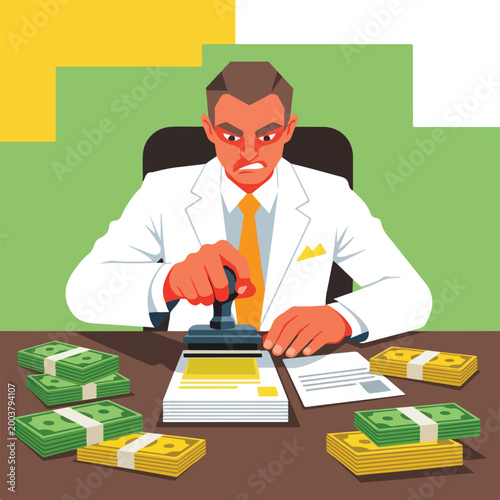 An angry businessman aggressively stamping paperwork on a desk covered in money