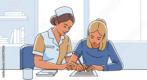 A nurse assists a young woman filling out medical paperwork in a clinical office