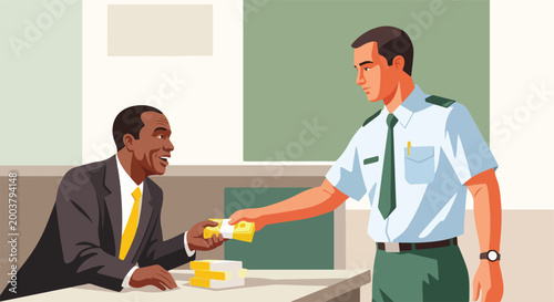 A man in a suit gives a stack of cash to a uniformed guard at a desk indoors