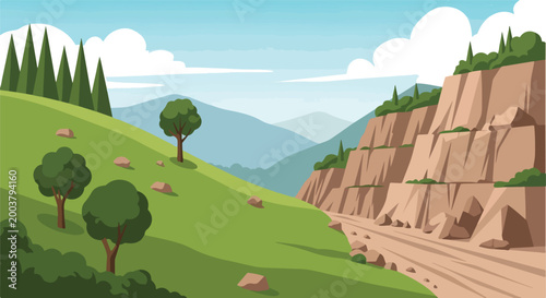 A green grassy hillside with trees beside a rocky cliff and distant mountains