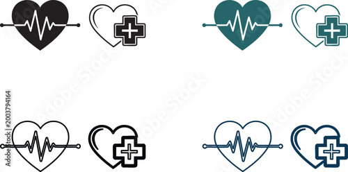Heartbeat and medical cross 6 variations with ecg line and heart shapes
