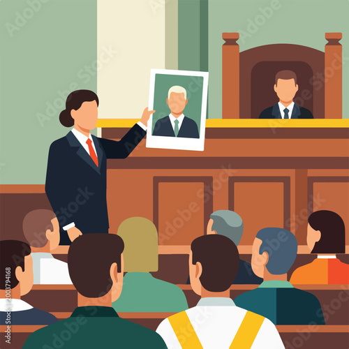 A lawyer holds up a photo as evidence during a formal court trial with a judge