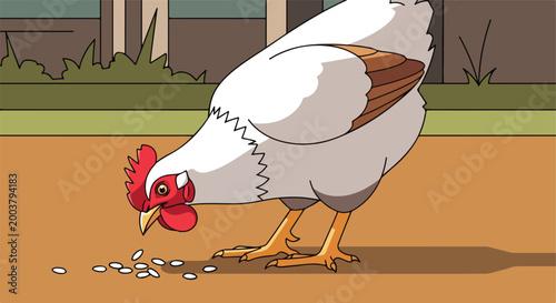 A cartoon illustration of a white chicken pecking at scattered grains on ground