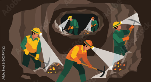Miners wearing headlamps and using pickaxes to extract gold inside a dark tunnel