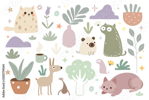 Pets and plants collection. Cat, dog, flower, coffee cup, tree, cloud, vase. Vector cartoon illustration. Isolated on white background.