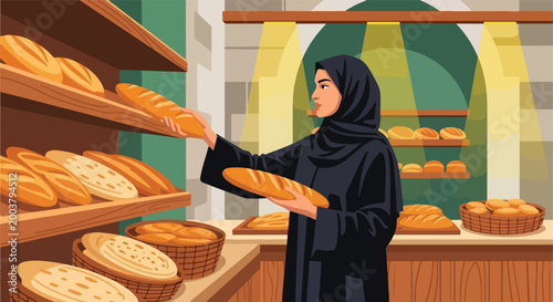 A woman in a black hijab selecting fresh loaf bread from a bakery store shelf