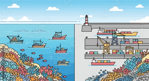 A split illustration showing fishing boats on coral reefs and a busy cargo port