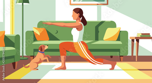 A woman performs a yoga lunge in a living room as a small dog watches her closely
