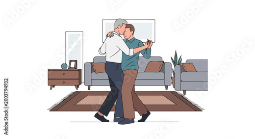 A couple of men dancing gracefully together in a comfortable living room setting