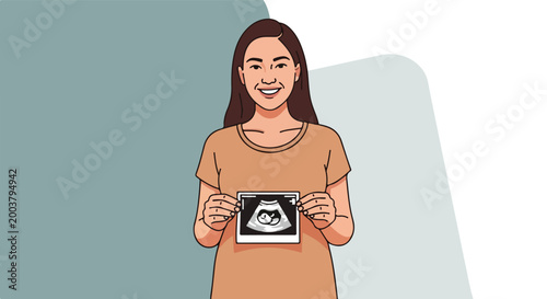 A smiling woman holding up an ultrasound scan showing her developing baby inside