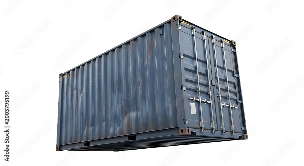 Fototapeta premium A single dark grey corrugated shipping container isolated on white background.