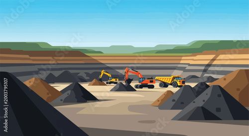 Two excavators and a dump truck work in a large open-pit surface coal mine site