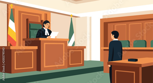 A judge sits at a wooden bench in a courtroom while a person stands before them