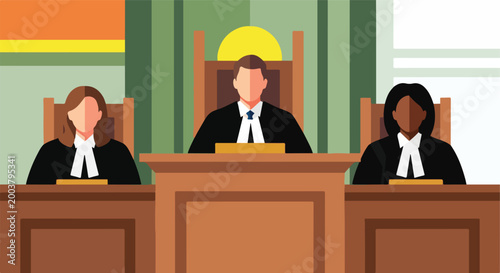 Three judges in black robes sit behind a wooden bench in a courtroom setting