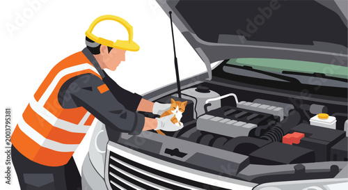 Mechanic in safety gear carefully rescuing a small kitten from under a car hood
