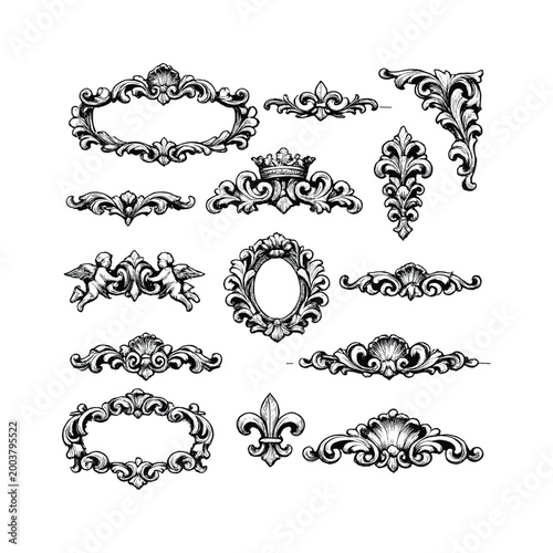 Vintage decorative frames and ornate floral design elements set