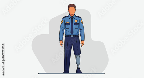 A male police officer standing in uniform with a prosthetic robotic lower leg