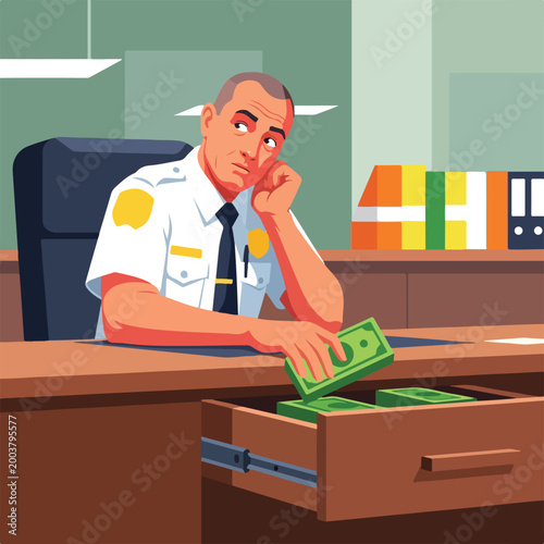 A police officer sits at a desk placing cash into an open office drawer