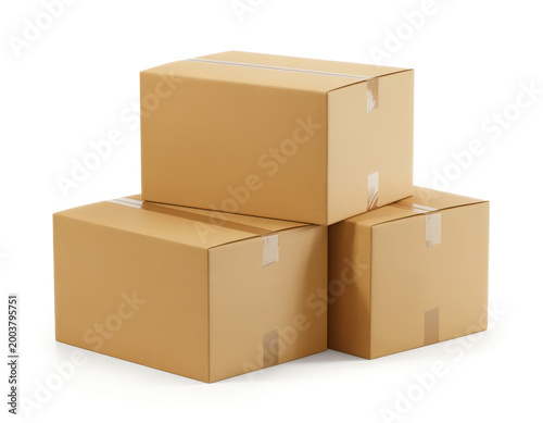 Stack of three brown cardboard shipping boxes sealed with adhesive tape on a white background
