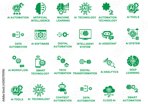 AI tools and automation icon set featuring artificial intelligence, machine learning, deep learning, chatbot, neural network, smart technology, and digital transformation symbols.