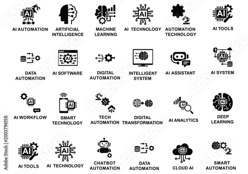 AI tools and automation icon set featuring artificial intelligence, machine learning, deep learning, chatbot, neural network, smart technology, and digital transformation symbols.