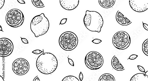 Hand drawn seamless pattern with citrus orange and lemon fruit slices leaves and wedges ink sketch style vector illustration